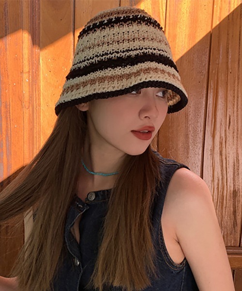 c.u.l（シーユーエル）の「かぎ編み ボーダーデザイン クロシェハット cula829（ハット・レディース・アイボリー/ブラック/オレンジ/グリーン・FREE）」の9枚目の写真