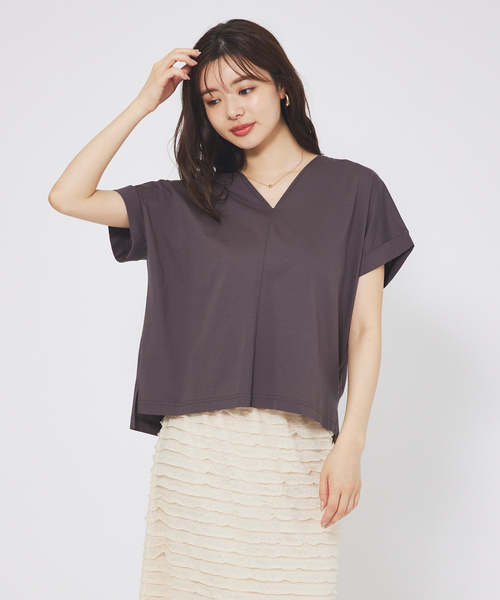 abahouse mavie（アバハウスマヴィ）の「【接触冷感/半袖】シルケットダブルVネックフレンチプルオーバー（Tシャツ/カットソー・レディース・ホワイト/オレンジ系その他/チャコールグレー/ブラック/グレイッシュベージュ・フリー）」の10枚目の写真