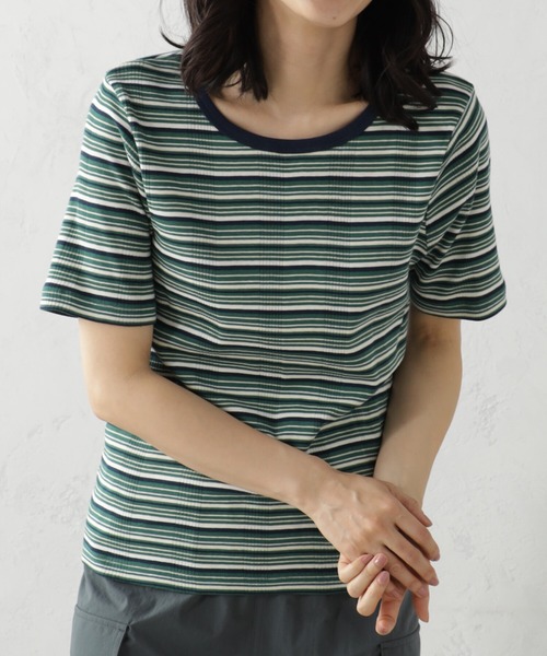 FOUND GOOD(ファウンドグッド)の「ランダムリブボーダー半袖プルオーバー(Tシャツ/カットソー・レディース・アイボリー/グリーン系5/ブルー系2/ピンク系2・M/L/S)」の1枚目の写真