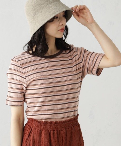 FOUND GOOD(ファウンドグッド)の「ランダムリブボーダー半袖プルオーバー(Tシャツ/カットソー・レディース・アイボリー/グリーン系5/ブルー系2/ピンク系2・M/L/S)」の4枚目の写真