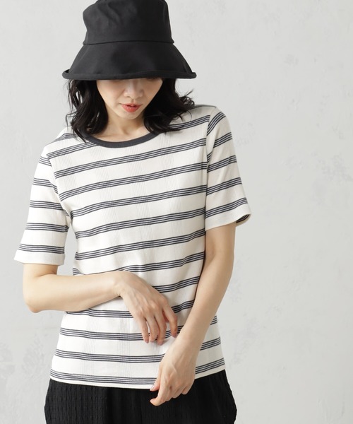 FOUND GOOD(ファウンドグッド)の「ランダムリブボーダー半袖プルオーバー(Tシャツ/カットソー・レディース・アイボリー/グリーン系5/ブルー系2/ピンク系2・M/L/S)」の5枚目の写真