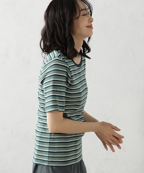 FOUND GOOD(ファウンドグッド)の「ランダムリブボーダー半袖プルオーバー(Tシャツ/カットソー・レディース・アイボリー/グリーン系5/ブルー系2/ピンク系2・M/L/S)」の10枚目の写真