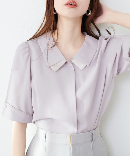 natural couture(ナチュラルクチュール)の「osono配色重ね衿三角カフスブラウス(シャツ/ブラウス・レディース・オフホワイト/サックスブルー/ネイビー/ミント/ラベンダー/ドット・FREE)」の5枚目の写真