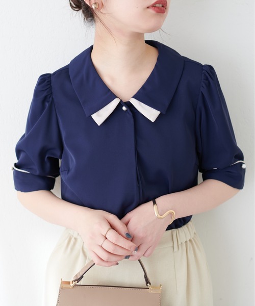 natural couture(ナチュラルクチュール)の「osono配色重ね衿三角カフスブラウス(シャツ/ブラウス・レディース・オフホワイト/サックスブルー/ネイビー/ミント/ラベンダー/ドット・FREE)」の1枚目の写真