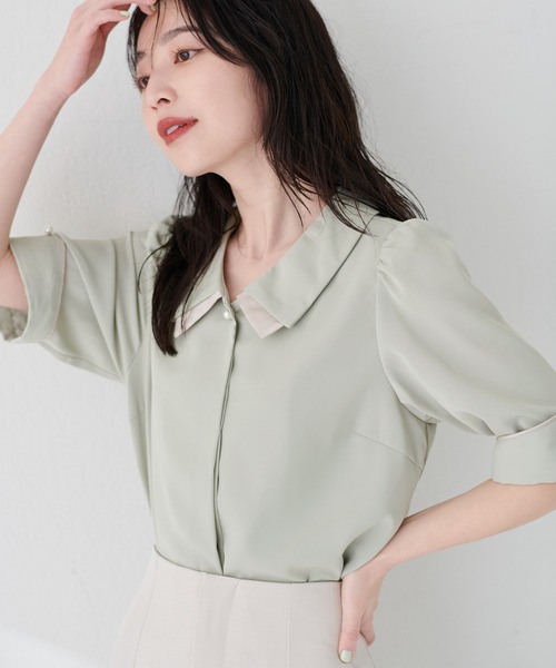 natural couture(ナチュラルクチュール)の「osono配色重ね衿三角カフスブラウス(シャツ/ブラウス・レディース・オフホワイト/サックスブルー/ネイビー/ミント/ラベンダー/ドット・FREE)」の3枚目の写真