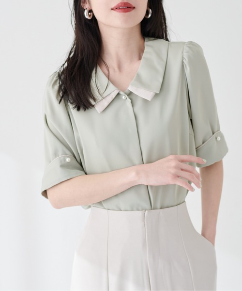 natural couture(ナチュラルクチュール)の「osono配色重ね衿三角カフスブラウス(シャツ/ブラウス・レディース・オフホワイト/サックスブルー/ネイビー/ミント/ラベンダー/ドット・FREE)」の13枚目の写真