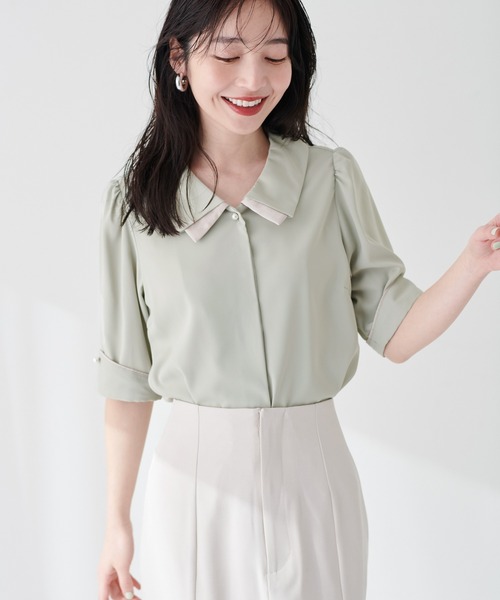 natural couture(ナチュラルクチュール)の「osono配色重ね衿三角カフスブラウス(シャツ/ブラウス・レディース・オフホワイト/サックスブルー/ネイビー/ミント/ラベンダー/ドット・FREE)」の15枚目の写真