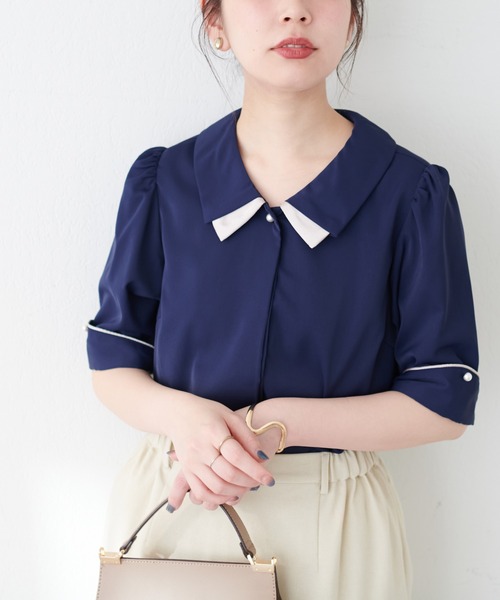 natural couture(ナチュラルクチュール)の「osono配色重ね衿三角カフスブラウス(シャツ/ブラウス・レディース・オフホワイト/サックスブルー/ネイビー/ミント/ラベンダー/ドット・FREE)」の20枚目の写真