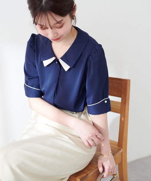 natural couture(ナチュラルクチュール)の「osono配色重ね衿三角カフスブラウス(シャツ/ブラウス・レディース・オフホワイト/サックスブルー/ネイビー/ミント/ラベンダー/ドット・FREE)」の19枚目の写真