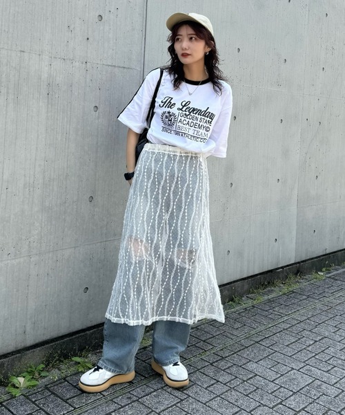 LVEU.（ラブユ.）の「【LVEU.】シアーレイヤードスカート / ボトムス スカート レイヤード レース シアー リボン 重ね着 ミモレ丈 ホワイト ブラック（スカート・レディース・ホワイト/ブラック・FREE）」の3枚目の写真