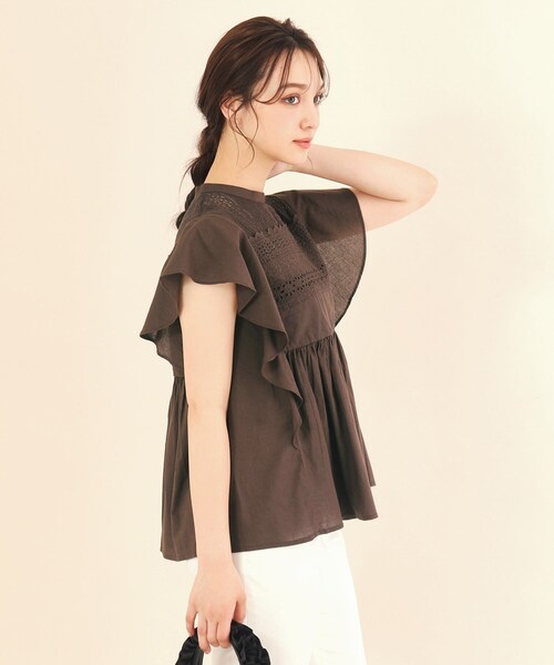 index（インデックス）の「◆コットンローン袖ヒラブラウス【手洗い可】（シャツ/ブラウス・レディース・オフホワイト/パープル/ブラウン系その他・36/38）」の2枚目の写真