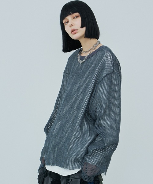 AIVER(アイバー)の「AIVER ワイドスリーブカットオフTCメッシュロンTEE(Tシャツ/カットソー・メンズ・ダークグレー/スモーキーグリーン系/ブラック・SMALL/LARGE/MEDIUM)」の3枚目の写真