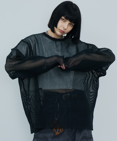 AIVER(アイバー)の「AIVER ワイドスリーブカットオフTCメッシュロンTEE(Tシャツ/カットソー・メンズ・ダークグレー/スモーキーグリーン系/ブラック・SMALL/LARGE/MEDIUM)」の2枚目の写真