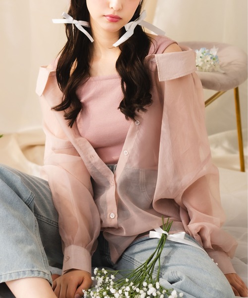 fupel（フぺル）の「【SET】sheer shirt with ribbed tank top /シアーシャツ×リブタンクトップセット（アンサンブル・レディース・ピンク/アイボリー・FREE）」の2枚目の写真