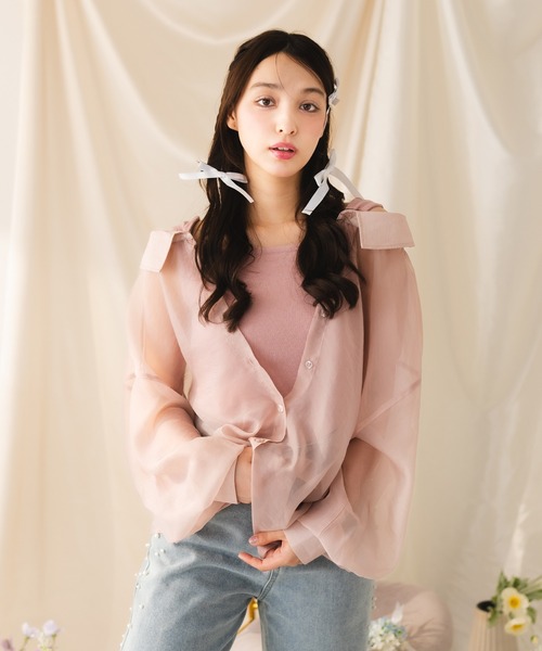fupel（フぺル）の「【SET】sheer shirt with ribbed tank top /シアーシャツ×リブタンクトップセット（アンサンブル・レディース・ピンク/アイボリー・FREE）」の12枚目の写真