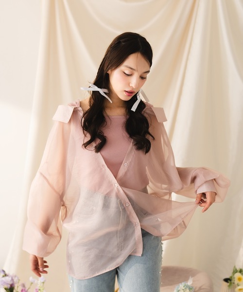 fupel（フぺル）の「【SET】sheer shirt with ribbed tank top /シアーシャツ×リブタンクトップセット（アンサンブル・レディース・ピンク/アイボリー・FREE）」の13枚目の写真