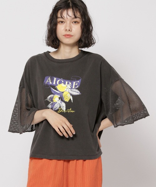 niko and...(ニコアンド)の「袖フレアメッシュプリントTシャツ(Tシャツ/カットソー・レディース・チャコール/ブラック/オフホワイト/イエロー・LARGE/MEDIUM)」の1枚目の写真