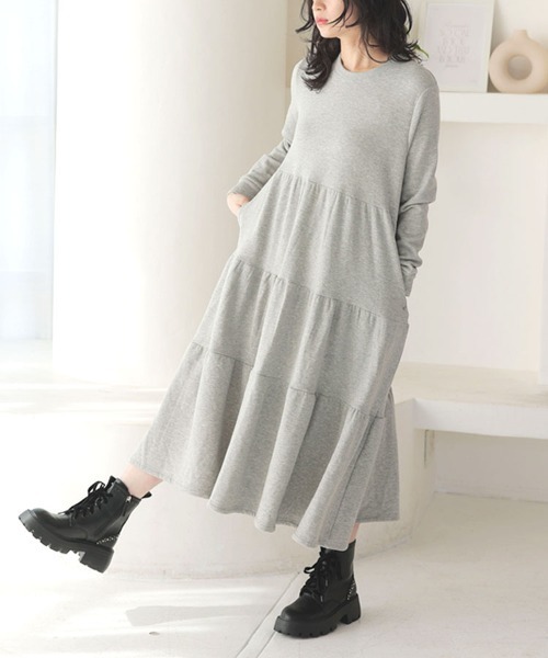 efficaceblanc ヒョウ柄裏起毛ワンピース 裏起毛ティアード