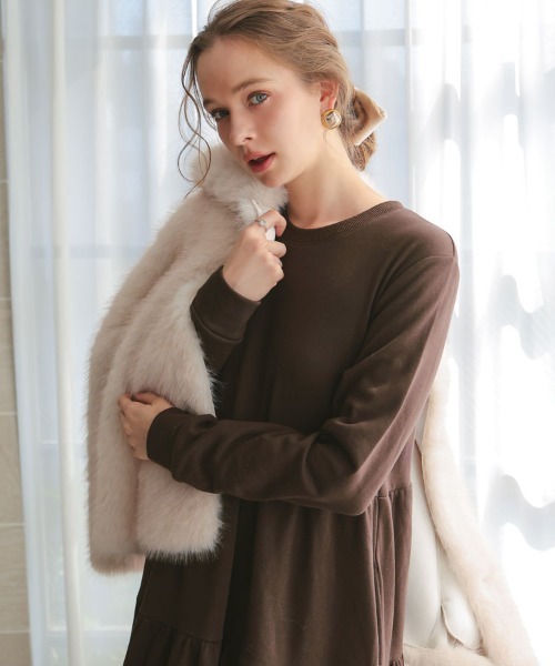 日曜日まで値下げ！DONOBAN エコファー　ブラウン セール】裏起毛ティアードワンピース（ワンピース）｜DONOBAN