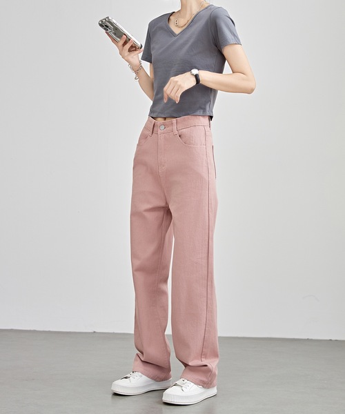Lace Ladies（レースレディース）の「ハイウエスト セミワイド ストレート カラー パンツ（デニムパンツ・レディース・ピンク・S/M/L/XL）」の8枚目の写真