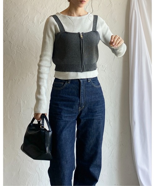 いぬびすページ♡⃜ セール】ショート丈フロントジップニットビスチェベスト（ベスト