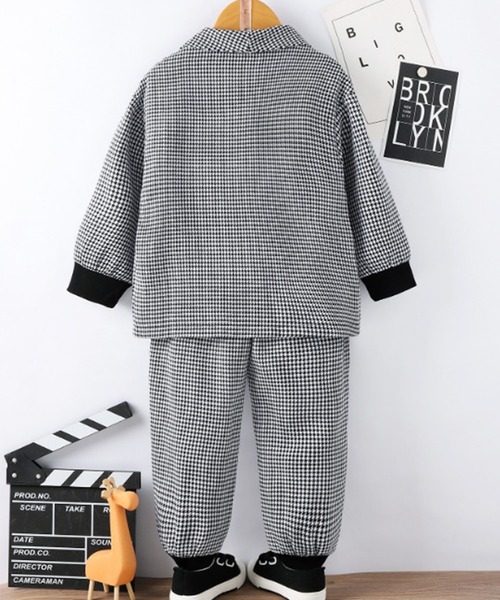 キッズスーツ 長袖千鳥柄ニット風ジャケット+ボトムス 上下2点セット