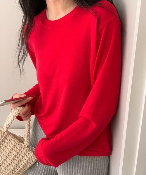 HEILIS（ヘイリス）の「【定番人気！HIT ITEM！】【新色追加】ベーシックシアーロングスリーブカットソー/韓国 長袖 秋服 冬服 春服 ノームコア シアー カットソー クルーネック ブラック アイボリー ホワイト ブルー レッド ネイビー  ピンク 赤トップス レイヤード インナー ロンT（Tシャツ/カットソー・レディース・ブラック/アイボリー/レッド/ブルー/ライトピンク/ネイビー/ライトブルー・FREE）」の8枚目の写真