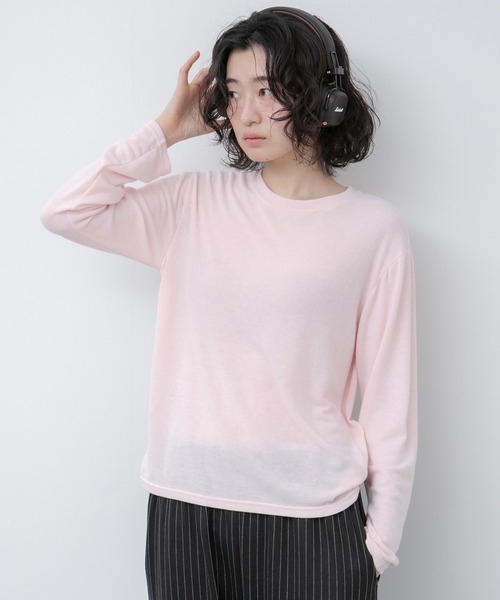 レオナール カンカン素材 クルーネック 長袖 トップス 0129219 ブラック ピンク LL【中古】 オフィシャルサイト限定】シアーダブルカラーブラウス