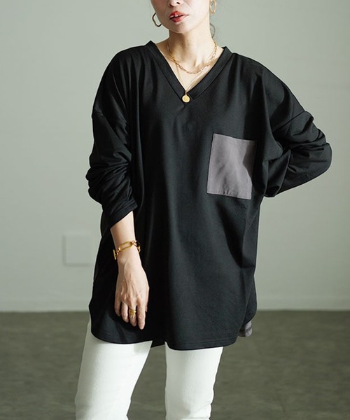 GOLDJAPAN(ゴールドジャパン)の「バックボタン異素材切り替えプルオーバー【大きいサイズ対応】(Tシャツ/カットソー・レディース・ブラック/グレー・4L~5L/LL~3L)」の1枚目の写真