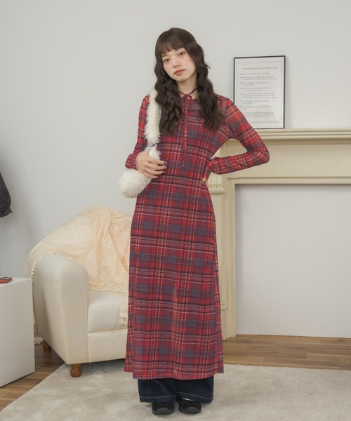 チョーカー取り外し可能〉チェックパターンシアーロングワンピース