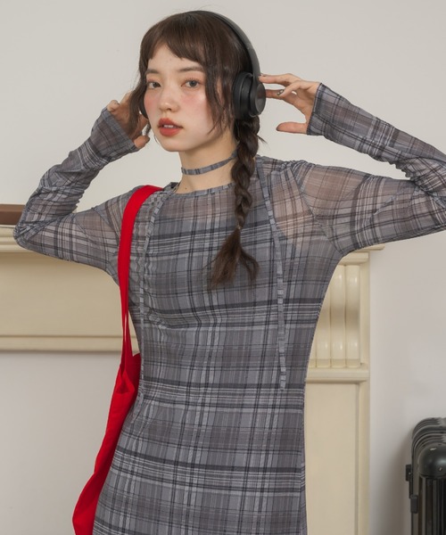 Birthday room(バースデイルーム)の「〈チョーカー取り外し可能〉チェックパターンシアーロングワンピース / checkered sheer long one-piece(ワンピース・レディース・ブラウン/レッド/グレー・FREE)」の19枚目の写真