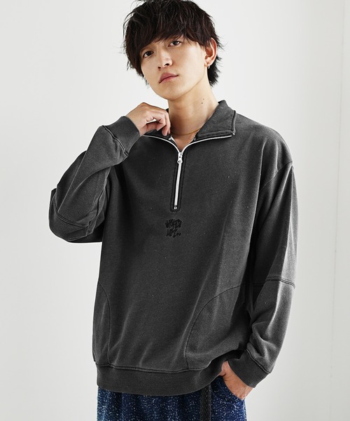 セール】【MinoriTY select】裏毛インディゴ染め刺繍ハーフZIPプル