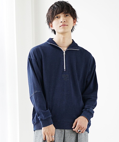 MinoriTY（マイノリティ）の「【MinoriTY select】裏毛インディゴ染め刺繍ハーフZIPプルオーバー（スウェット・メンズ・インディゴブルー/ブラック・L/M）」の10枚目の写真