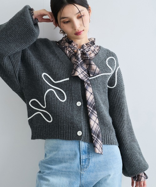 【セール】【WEB/1部店舗限定】リボンコード刺繍Vネックカーディガン【セットアップ対応】（カーディガン/ボレロ）｜VIS（ビス）