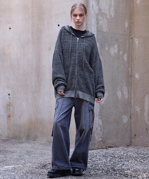 SERACE（セラス）の「【SERACE】Loose silhouette openwork mesh knit hoodie / ルーズシルエット透かし編みメッシュニットパーカー（パーカー・メンズ・ブルー/グレー/ブラック・L/M/S）」の9枚目の写真