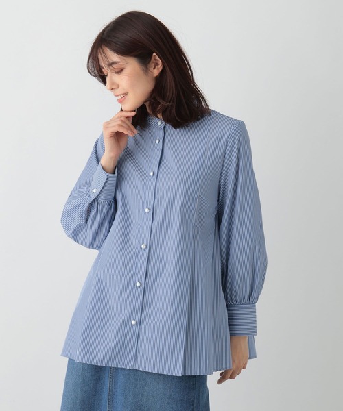 FOUND GOOD(ファウンドグッド)の「パールペプラムシャツLS(シャツ/ブラウス・レディース・ブルー系/ホワイト系5/ブラック・L/M/S)」の1枚目の写真