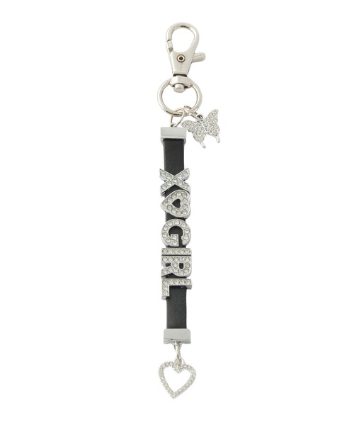 X-girl(エックスガール)の「RHINESTONE LABEL KEYCHARM(キーホルダー・レディース・ブラック/ピンク・ONE SIZE)」の1枚目の写真