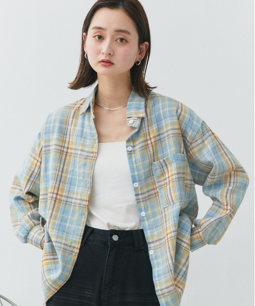 ad thie(アドティエ)の「ポケット付き チェックシャツ(シャツ/ブラウス・レディース・ネイビー/ピンク/アイボリー/ライトブルー・FREE)」の18枚目の写真