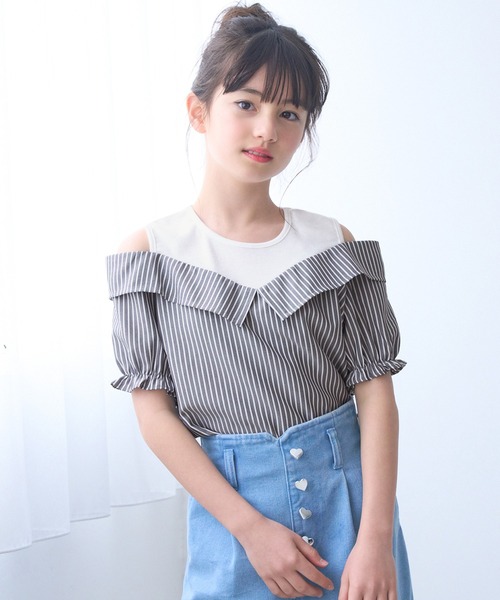 coca（coca）（コカ）の「キッズ　タンクドッキング肩あきブラウス（シャツ/ブラウス・キッズ・チャコール/ブルー・150/120/130/140）」の2枚目の写真