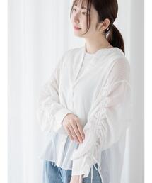 袖シャーリングシアーストライプブラウス