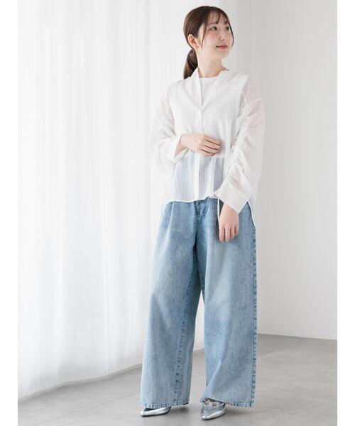 Te chichi TERRASSE(テチチテラス)の「袖シャーリングシアーストライプブラウス(シャツ/ブラウス・レディース・オフホワイト/ブラック/ミント・F)」の5枚目の写真