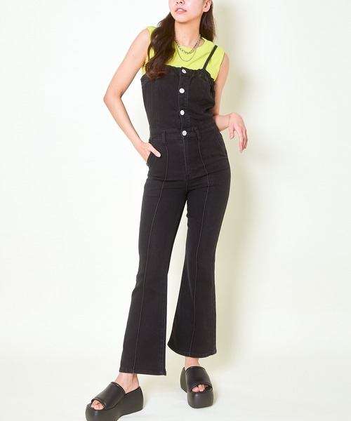 セール】《フレアライン×ステッチ映え》デニムオールインワン／一枚で