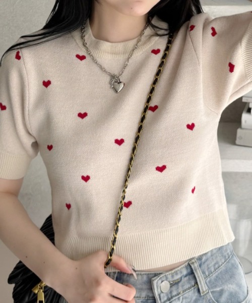 TREOVER(トレオーバー)の「【3色展開】ハート ドット パフスリーブ サマーニット(ニット/セーター・レディース・杢グレー/ブラック/アイボリー・FREE)」の3枚目の写真