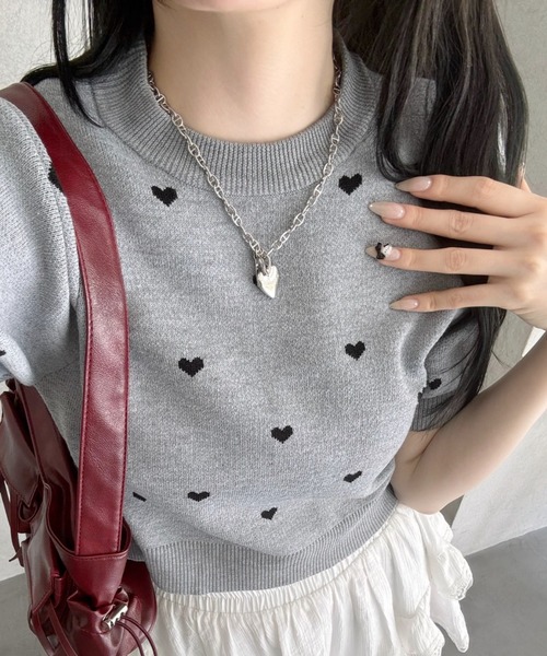 TREOVER(トレオーバー)の「【3色展開】ハート ドット パフスリーブ サマーニット(ニット/セーター・レディース・杢グレー/ブラック/アイボリー・FREE)」の1枚目の写真