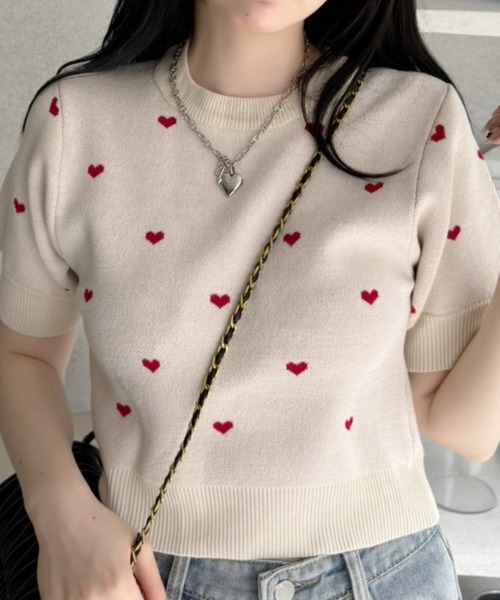 TREOVER(トレオーバー)の「【3色展開】ハート ドット パフスリーブ サマーニット(ニット/セーター・レディース・杢グレー/ブラック/アイボリー・FREE)」の11枚目の写真