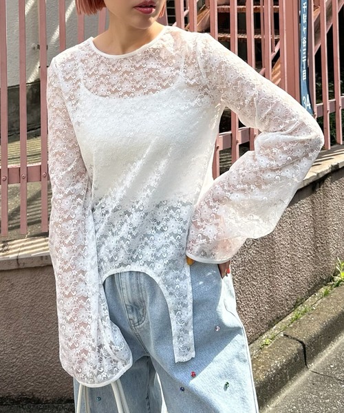 Alley Tokyo(アリートーキョー)の「裾ぴろんレースTOPS(Tシャツ/カットソー・レディース・レッド/サックスブルー/オフホワイト・FREE)」の2枚目の写真