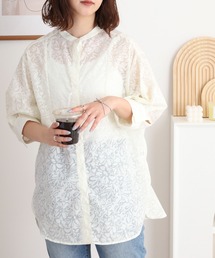 A.N.L オパール加工 5分袖ノーカラー花柄ブラウス