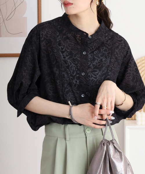 ブラウス シャツ A.N.L オパール加工 5分袖ノーカラー花柄ブラウス レディース A.N.L オパール加工 5分袖ノーカラー花柄ブラウス（シャツ