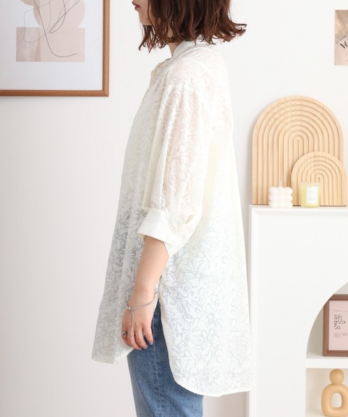 ブラウス シャツ A.N.L オパール加工 5分袖ノーカラー花柄ブラウス レディース A.N.L オパール加工 5分袖ノーカラー花柄ブラウス（シャツ