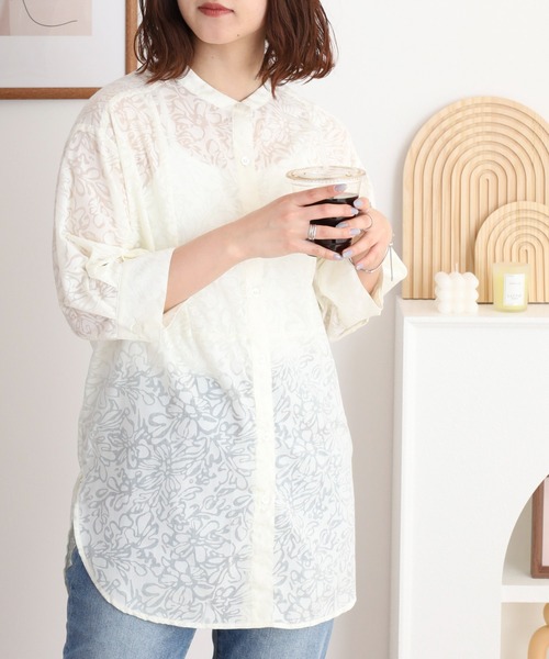 ブラウス シャツ A.N.L オパール加工 5分袖ノーカラー花柄ブラウス レディース A.N.L オパール加工 5分袖ノーカラー花柄ブラウス（シャツ